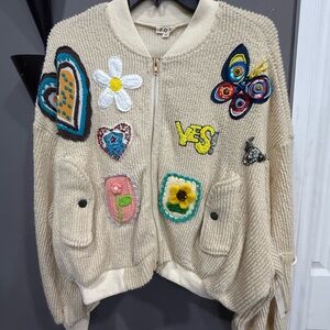 Bomber style jacket, beige embroidered,sequins, chenille fabric POH Brand, New